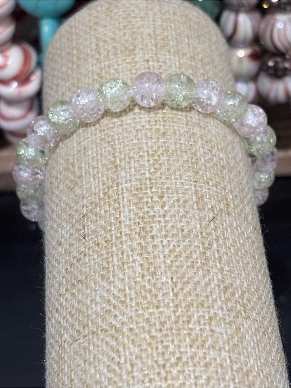 Handcrafted light pink and light green glass beaded bracelet